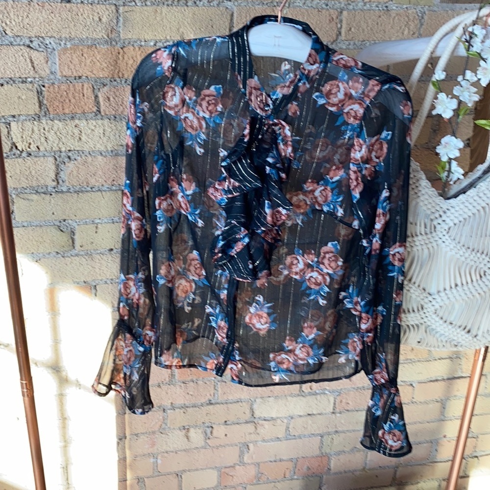 Fletch JoJo Fletcher Sheer Metallic Stripe Ruffle Floral Blouse S